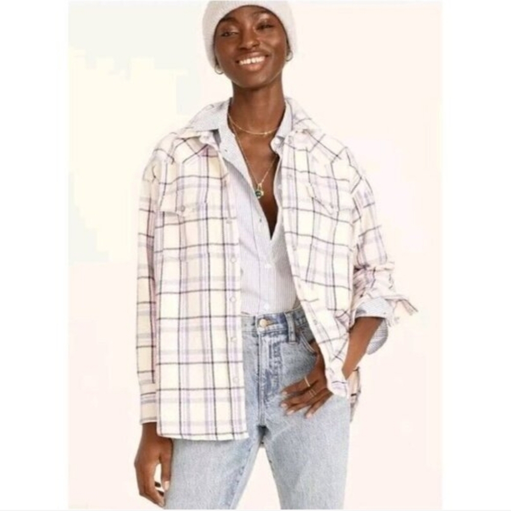 J. Crew Cream and Purple Plaid Button-Down Shirt Shacket